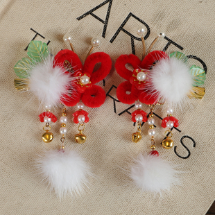 儿童古风新年头饰绒花蝴蝶毛球发夹女童国风汉服流苏铃铛对夹发饰