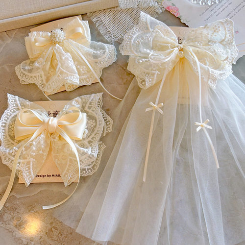 米色蕾丝珍珠蝴蝶结飘带发夹