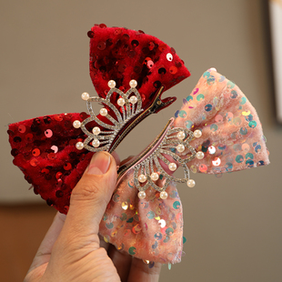 儿童亮片发夹女童立体吸睛红蝴蝶结皇冠顶夹宝宝生日过年头饰发饰