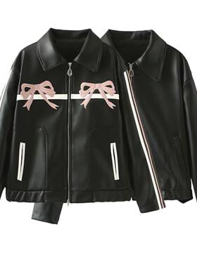 2025秋冬新品欧美跨境女装甜酷蝴蝶结刺绣皮衣夹克外套w034 23215