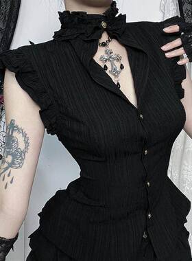 CF25194暗黑系复古敞领衬衫 2025新款哥特风木耳边掐腰设计上衣女