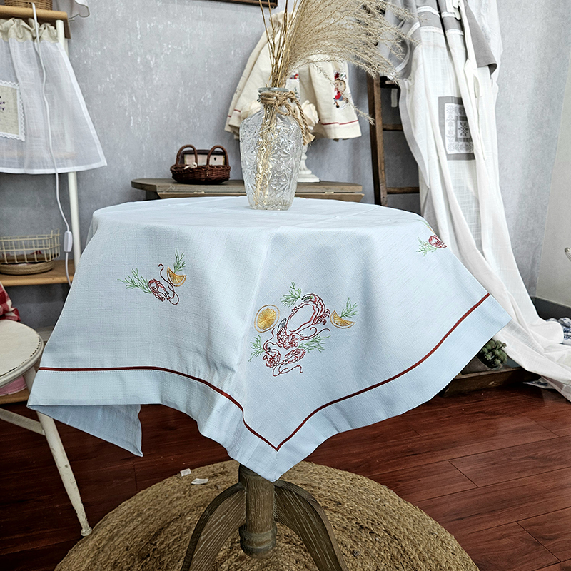 外贸蓝色虾兵蟹将刺绣锁骨边款圆桌方桌冰箱洗衣机多功能防尘方巾