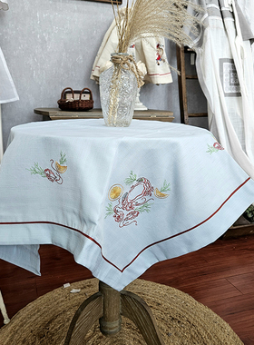 外贸蓝色虾兵蟹将刺绣锁骨边款圆桌方桌冰箱洗衣机多功能防尘方巾