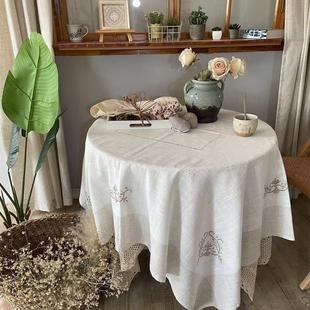外贸法式浪漫乳白色贵族涤麻刺绣手工抽丝多用盖巾茶几圆桌方桌布