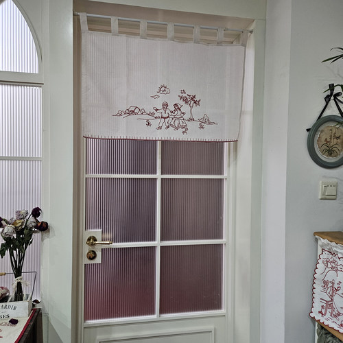 免打孔复古百搭纯亚麻法式红绣半遮光恋爱之舞吊带半帘门帘橱柜帘