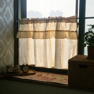 格子棉麻拼接短帘可作柜帘隔断帘120 美式 乡村风格