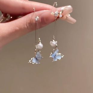 2025新款 耳坠冷淡风简约清冷耳钉 淡蓝色蝴蝶流苏耳环高级感长款
