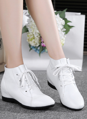 春秋冬女单靴平跟软底内增高加绒棉鞋小码33白色妈妈短靴大码4143