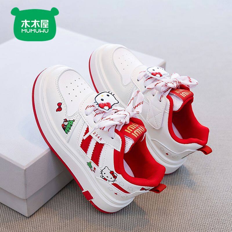 木木屋女童板鞋春秋新款女孩卡通KT猫运动鞋红色过年儿童小白鞋潮