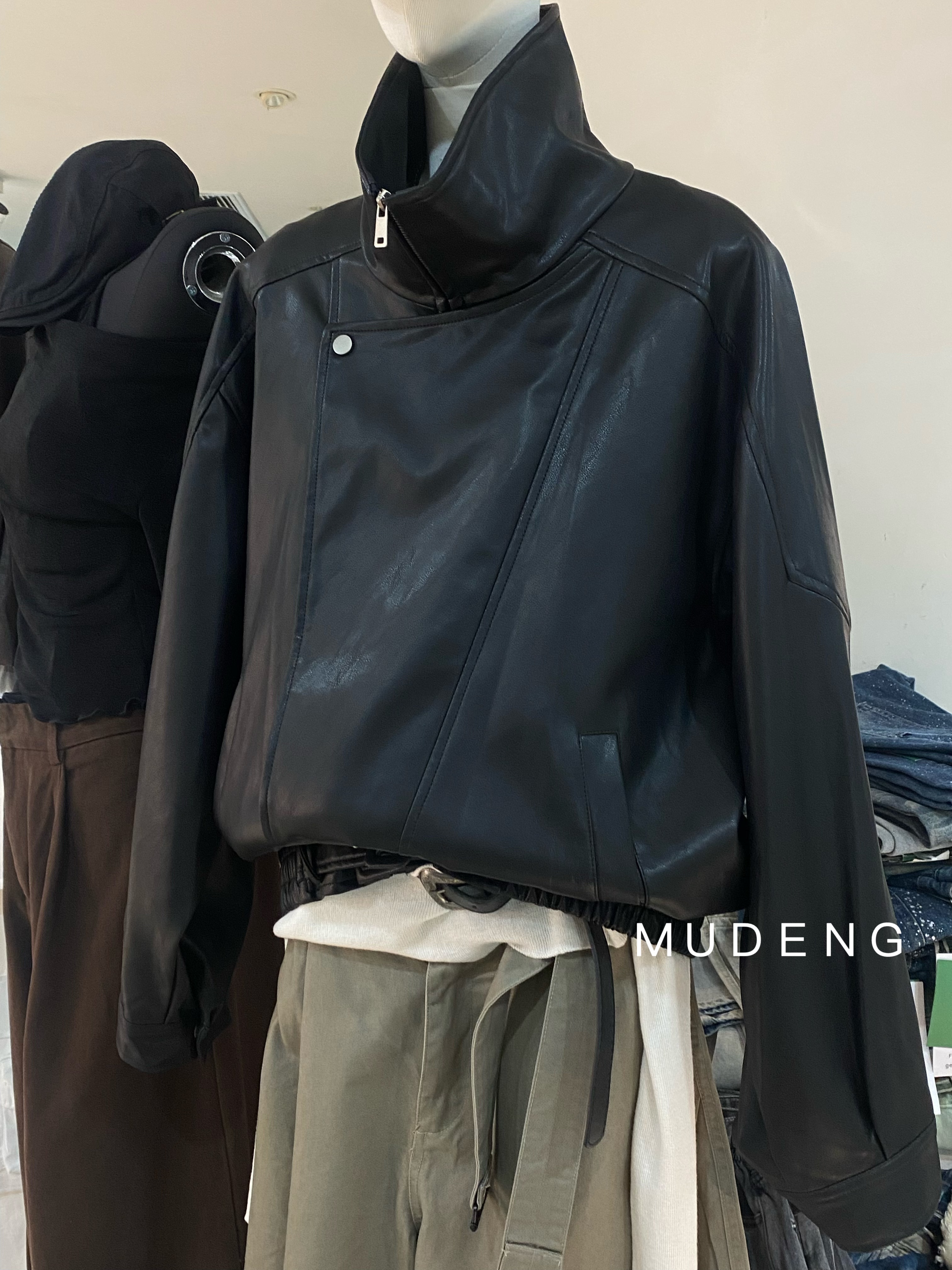 MUDENG复古中性翻领皮衣外套男女2025新款秋季PU夹克酷飒机车服