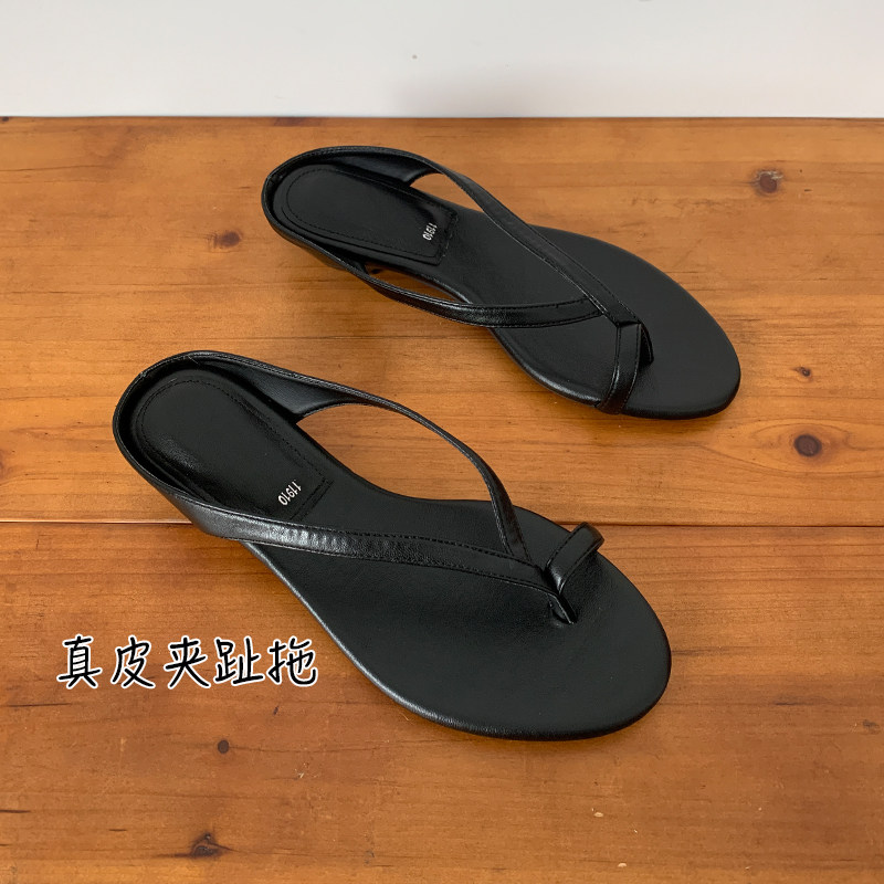 真皮人字拖女外穿夹趾拖鞋黑色一脚蹬休闲度假凉拖鞋沙滩拖夏季