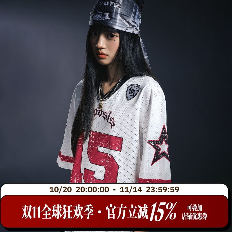 WHOOSIS(不知其名)字母印花冰球服短袖送方巾美式街头潮流男女