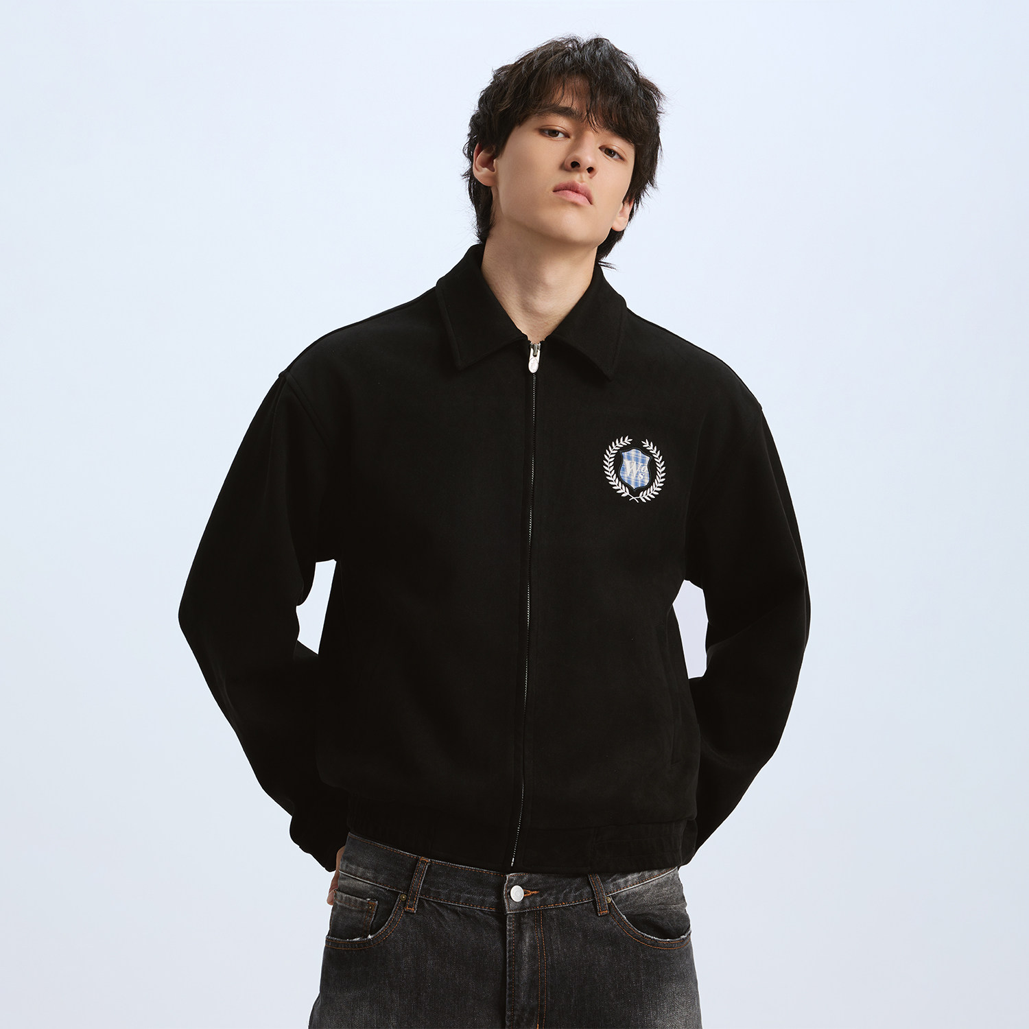 WHOOSIS（不知其名）格子贴布刺绣麂皮绒夹克外套春季新品校园男