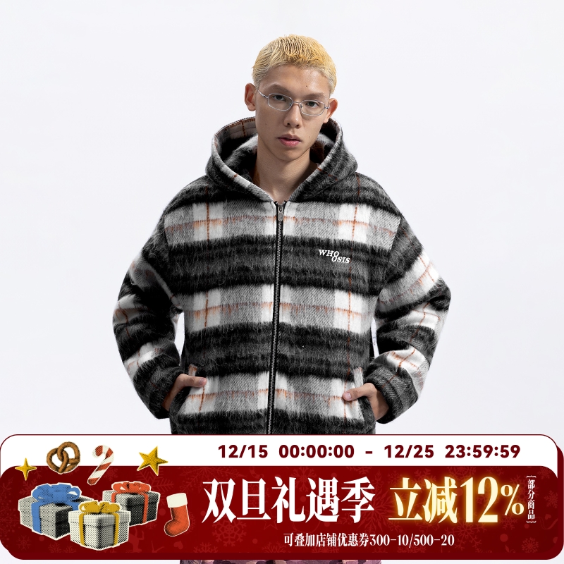 WHOOSIS（不知其名）格纹毛呢连帽外套夹克秋冬新款夹棉保暖男女
