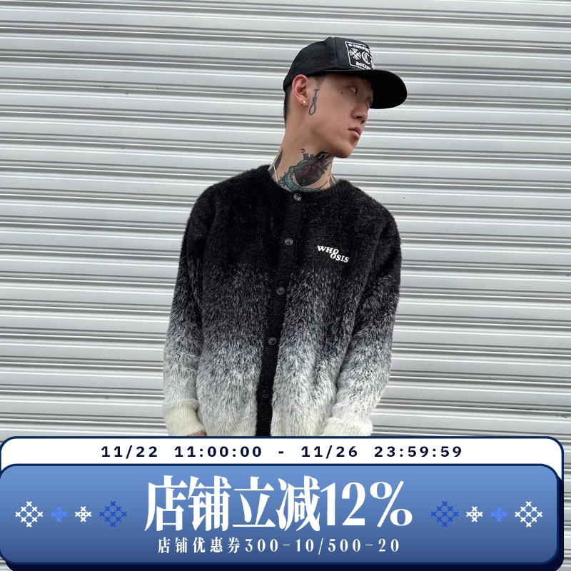 WHOOSIS（不知其名）渐变提花刺绣毛衣开衫秋冬外套男女宽松ins潮