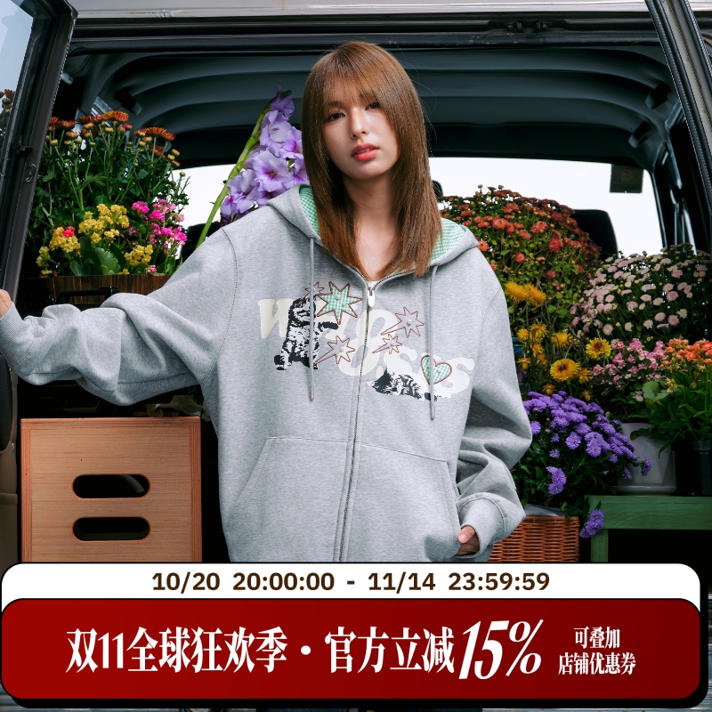 WHOOSIS(不知其名)小猫格子贴布拉链帽衫卫衣外套秋季酷飒男女