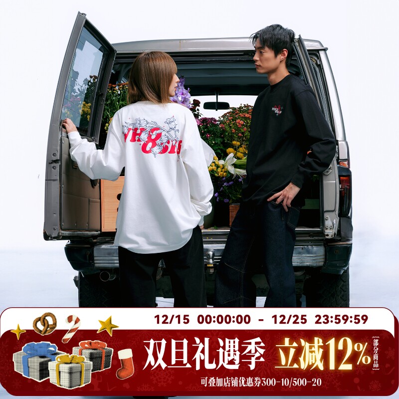 WHOOSIS（不知其名）线条铃兰长袖T恤圆领秋季打底休闲通勤男女潮