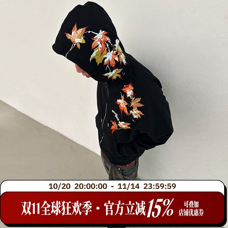 WHOOSIS(不知其名)飘落枫叶刺绣短宽boxy拉链帽衫外套情侣男潮