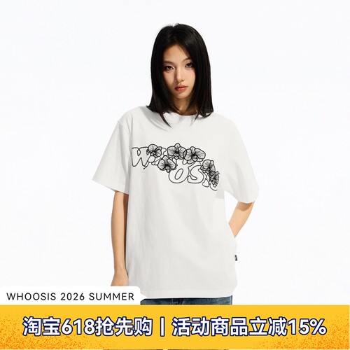 WHOOSIS（不知其名）薄纱贴布短袖T恤夏季圆领宽松休闲美式男女潮