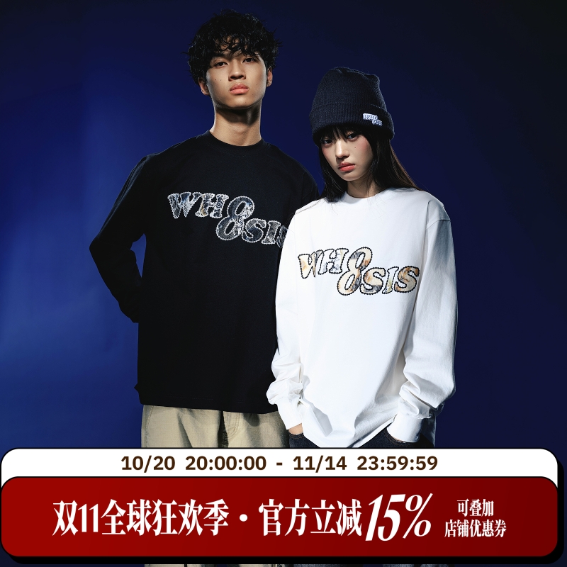 WHOOSIS（不知其名）蕾丝贴布长袖T恤简约百搭宽松秋季男女校园潮