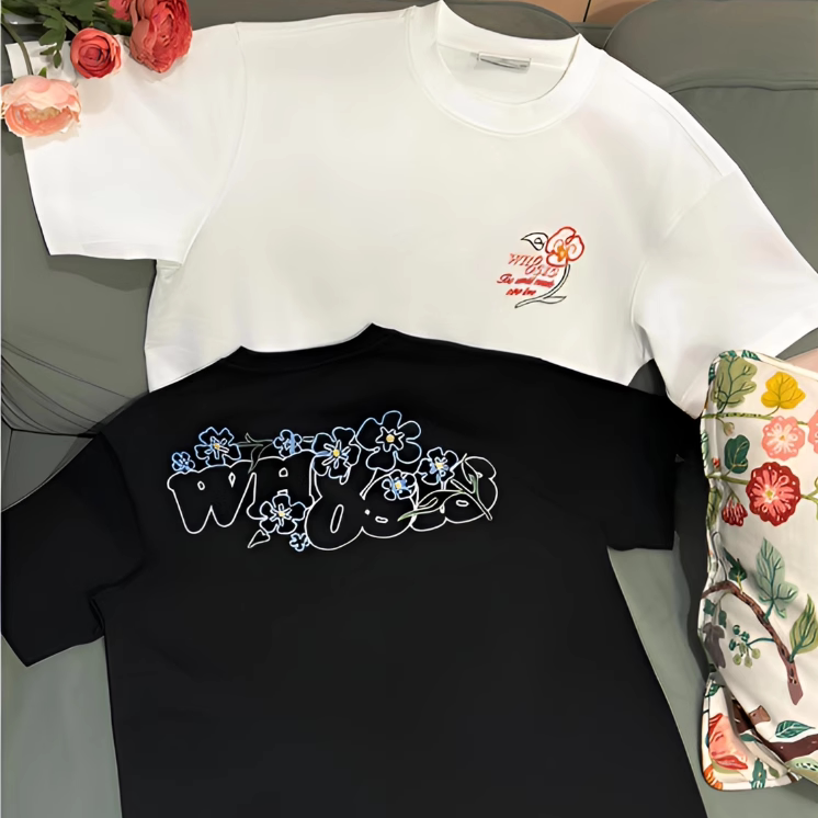 WHOOSIS（不知其名）线条绣花花卉短袖t恤夏季美式街头国潮男女潮图片