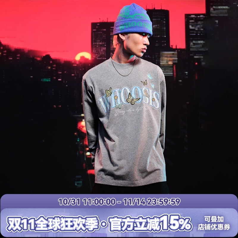 WHOOSIS（不知其名）蝴蝶刺绣长袖T恤重磅休闲男女秋季简约情侣潮