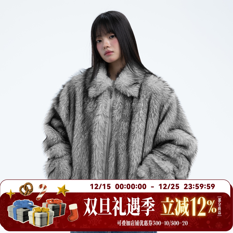 WHOOSIS（不知其名）翻领毛绒拼皮刺绣夹克外套秋冬季男女美式潮