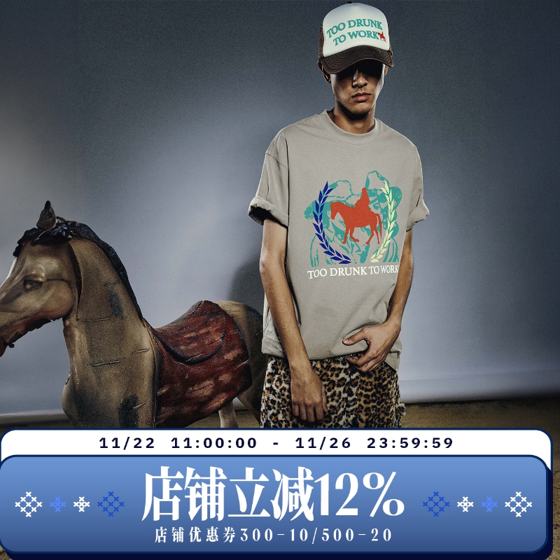 WHOOSIS（不知其名）Too drunk to work图案短袖T恤简约休闲男女