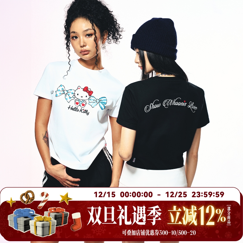 【HELLO KITTY官方联名】WHOOSIS 蝴蝶结正肩短袖T恤夏季百搭潮女