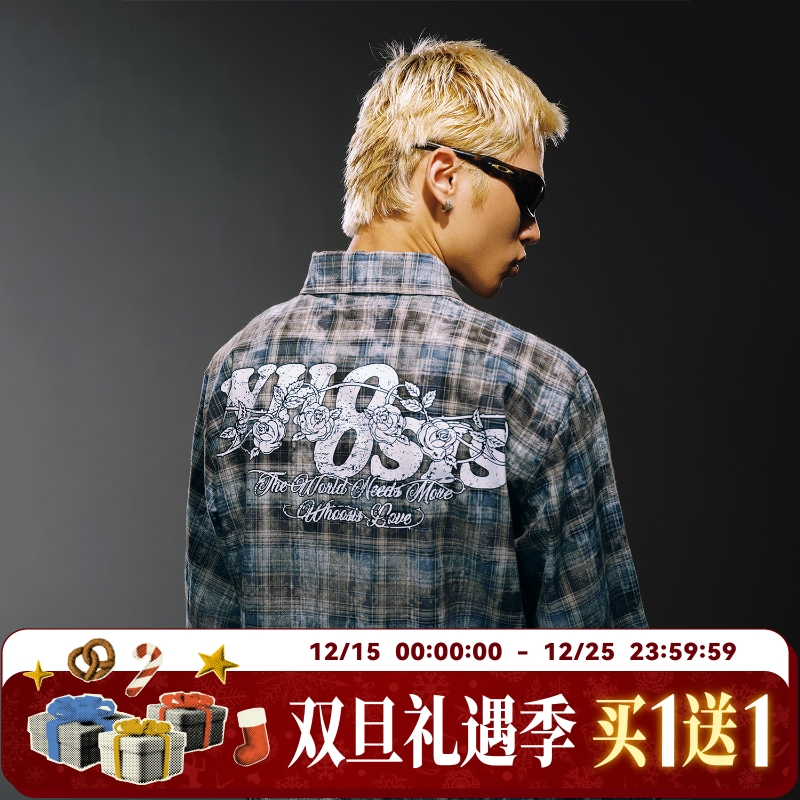 WHOOSIS（不知其名）斑驳玫瑰印花长袖衬衫外套ins嘻哈秋季男女