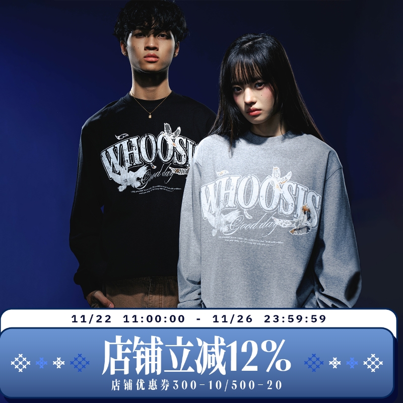 WHOOSIS（不知其名）鸽子蕾丝贴布长袖T恤秋季百搭打底校园情侣潮