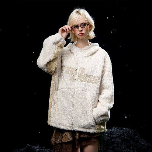 WHOOSIS（不知其名）暖绒拼接拉链帽衫外套毛茸秋冬保暖校园男女