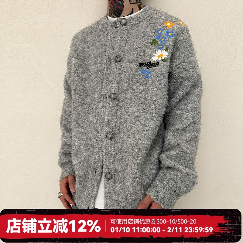 WHOOSIS（不知其名）花卉刺绣开衫毛衣外套秋冬简约情侣校园男女