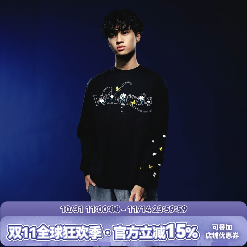 WHOOSIS（不知其名）花卉刺绣长袖T恤圆领秋季男女校园宽松潮情侣