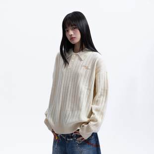 WHOOSIS 翻领套头坑条毛衣秋冬简约百搭松弛感酷飒男 不知其名