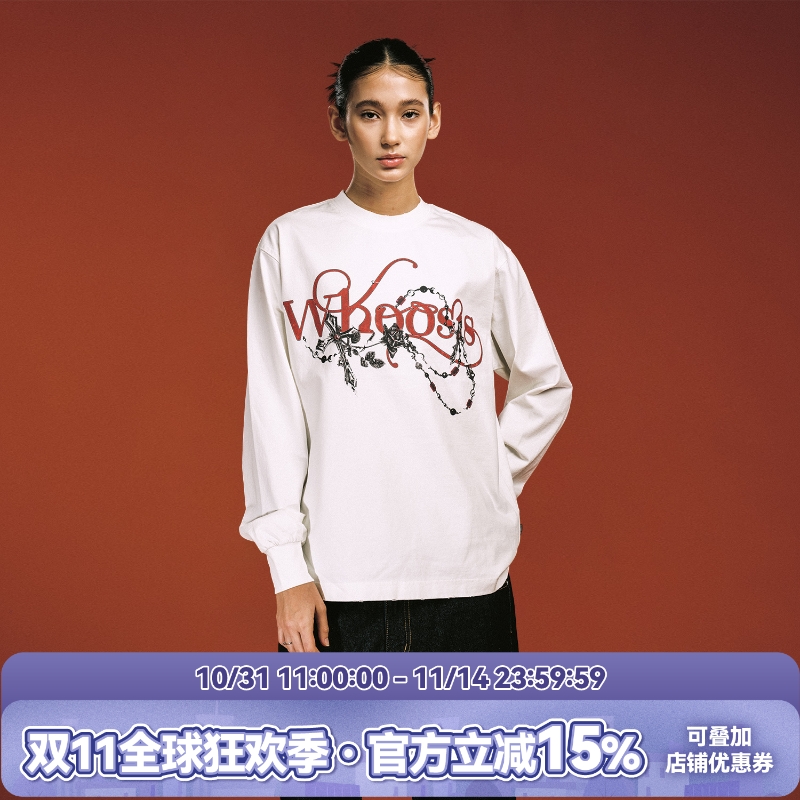 WHOOSIS（不知其名）珠链水洗长袖T恤秋季打底宽松校园松弛感男女