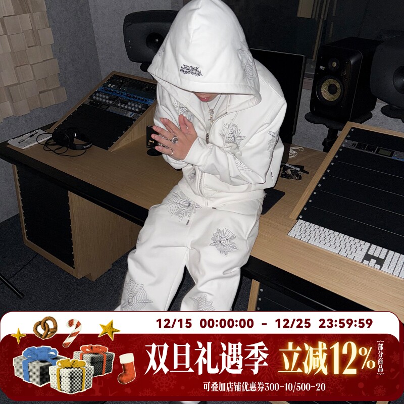 WHOOSIS RADIO logo变形长卫裤加绒保暖美式休闲直筒宽松校园男女