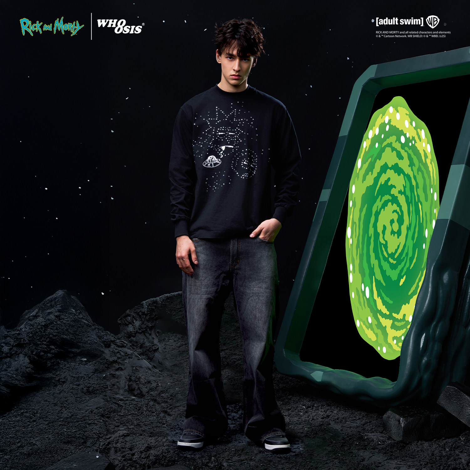 【Rick and Morty官方联名】WHOOSIS 宇宙星空烫钻长袖T恤休闲男