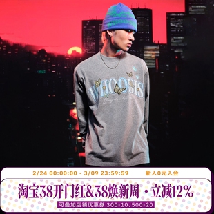 WHOOSIS（不知其名）蝴蝶刺绣长袖T恤重磅休闲男女秋季简约情侣潮