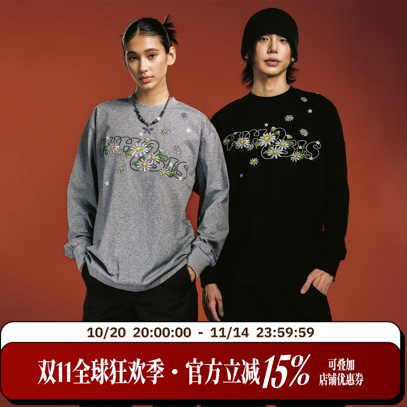 WHOOSIS（不知其名）刺绣小雏菊长袖T恤ins简约百搭校园男女国潮