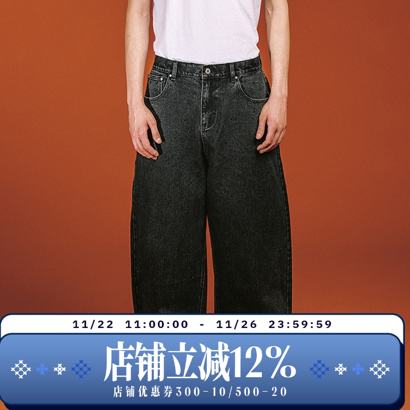 WHOOSIS（不知其名）满钻水洗牛仔裤长裤子宽松休闲美式街头男女