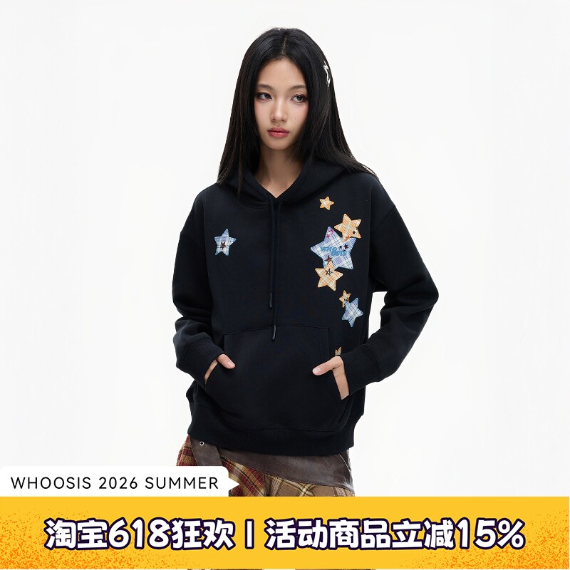 WHOOSIS（不知其名）星星格子贴布帽衫卫衣春季校园休闲宽松女潮