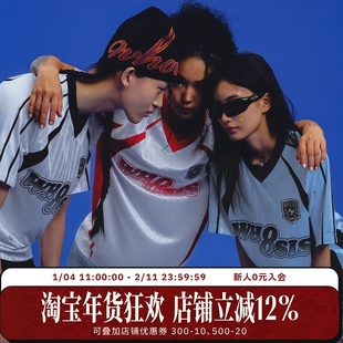 WHOOSIS（不知其名）条纹印花V领球服短袖T恤blockcore球衣美式男