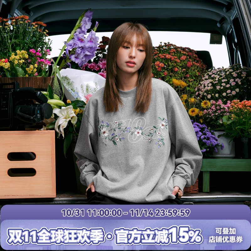 WHOOSIS花卉刺绣长袖T恤