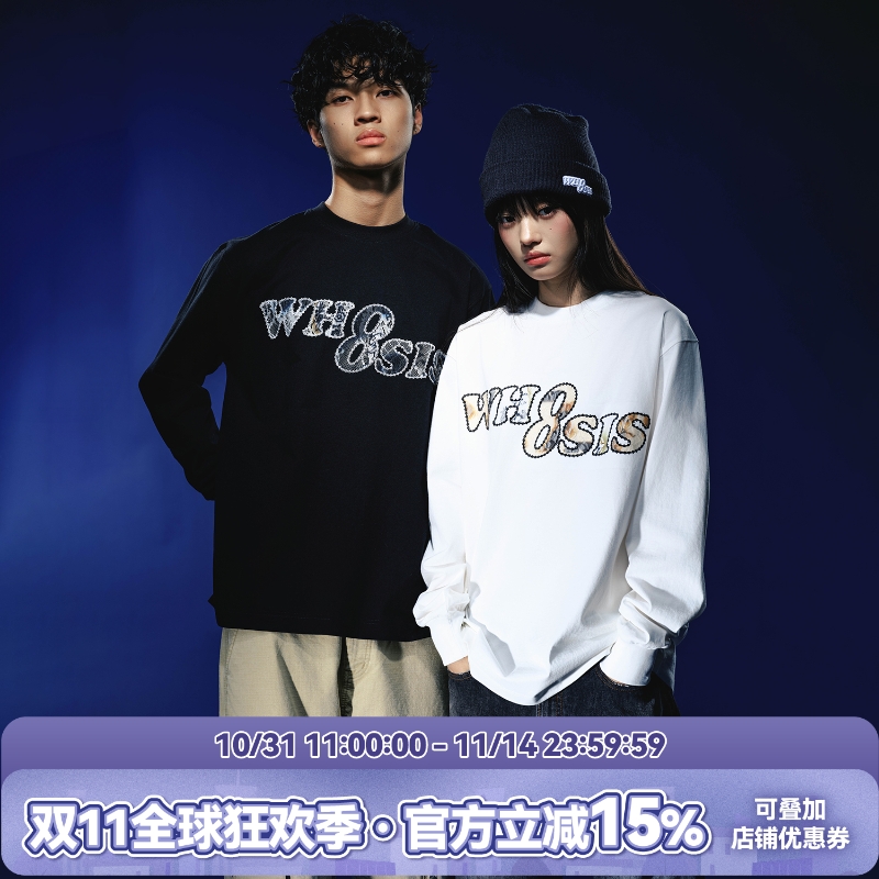 WHOOSIS（不知其名）蕾丝贴布长袖T恤简约百搭宽松秋季男女校园潮