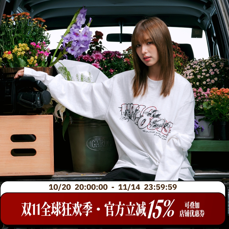 WHOOSIS（不知其名）素描玫瑰竹节棉长袖T恤秋季打底圆领休闲男女