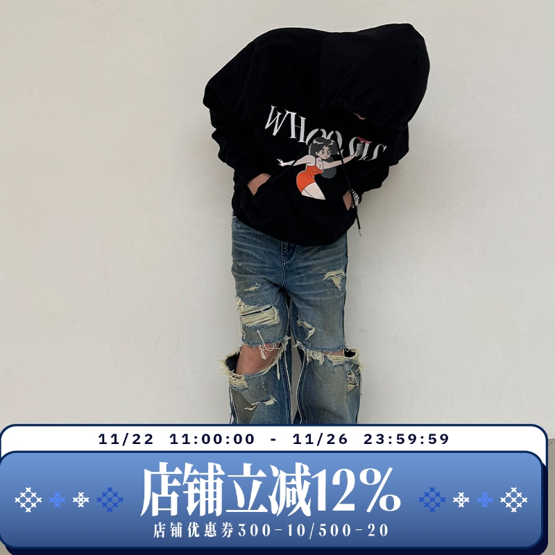 WHOOSIS（不知其名）糜烂美式牛仔裤破坏长裤子春秋美式街头男女