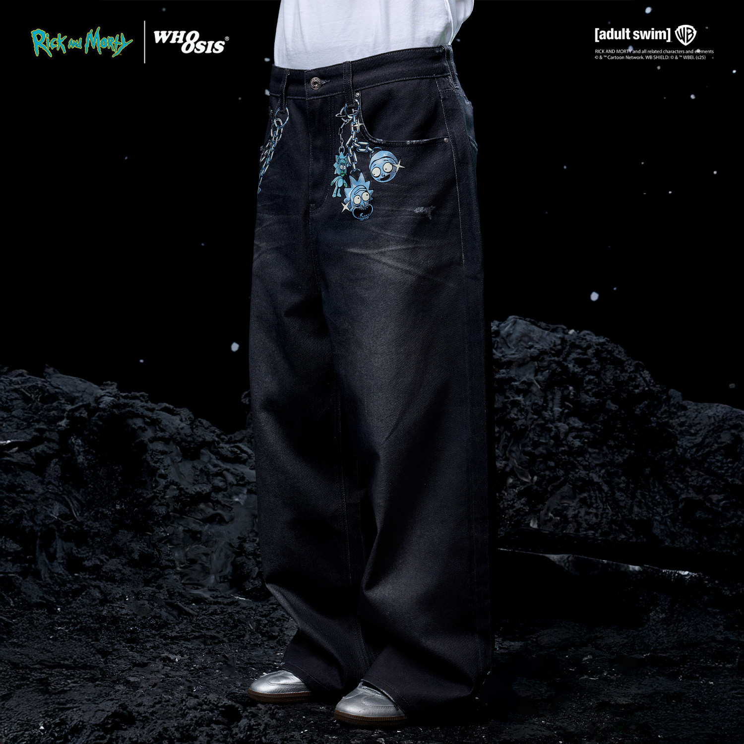 【Rick and Morty官方联名】WHOOSIS 金属挂饰牛仔印花休闲裤男女