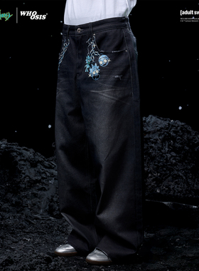 【Rick and Morty官方联名】WHOOSIS 金属挂饰牛仔印花休闲裤男女