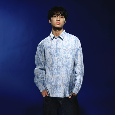 WHOOSIS（不知其名）蕾丝格纹长袖衬衫衬衣美式休闲宽松男女情侣